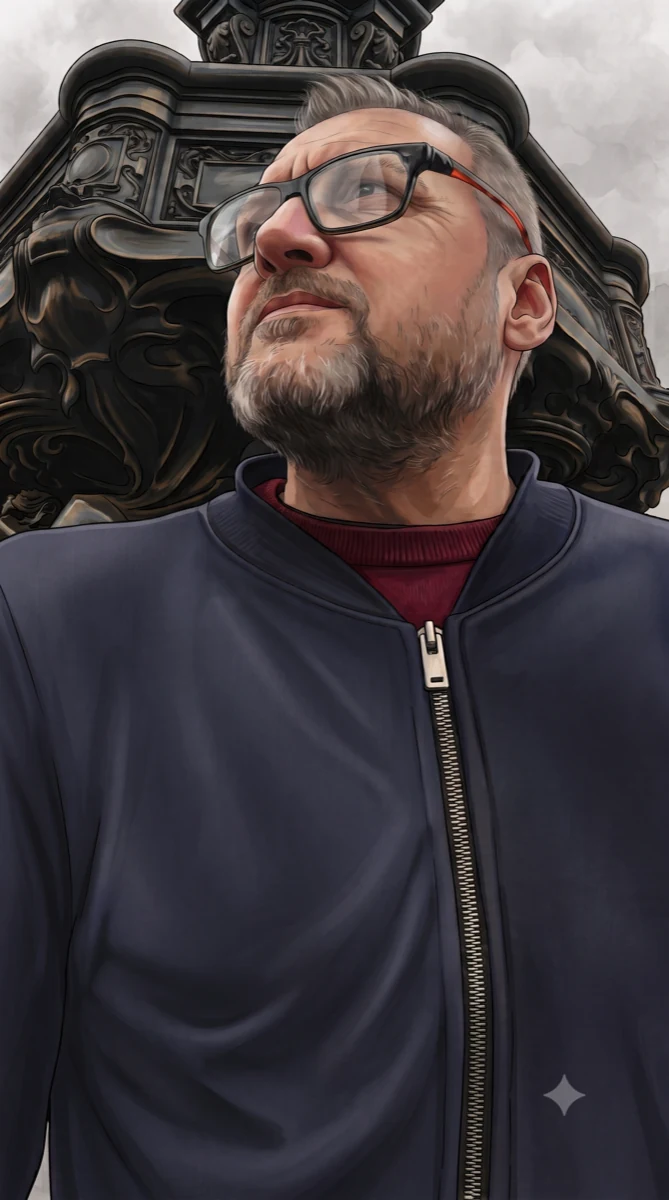 Illustrated portrait of Karl Croft wearing glasses.