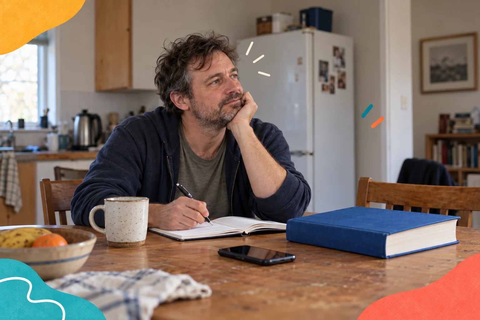A man pausing over a notebook at his kitchen table, with a blue book and phone beside him.